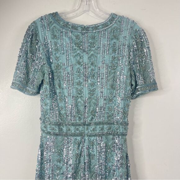 Mac Duggal 5980 Size 8 High Neck Crystal Fringe French Blue Beaded Column Dress - Picture 6 of 13